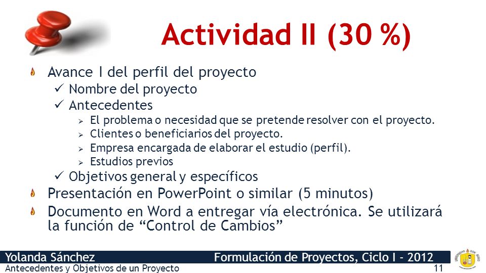 Actividad II (30 %) Avance I del perfil del proyecto