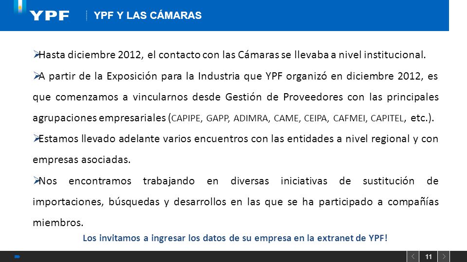 YPF Y LAS CÁMARAS Hasta diciembre 2012, el contacto con las Cámaras se llevaba a nivel institucional.