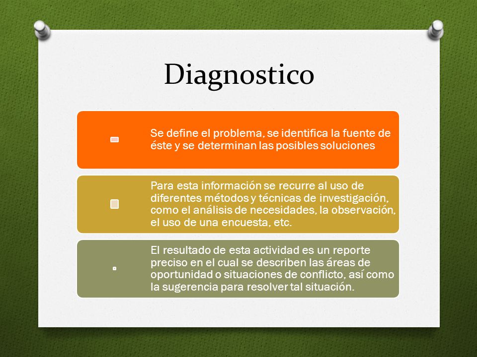 Diagnostico Se define el problema, se identifica la fuente de éste y se determinan las posibles soluciones.