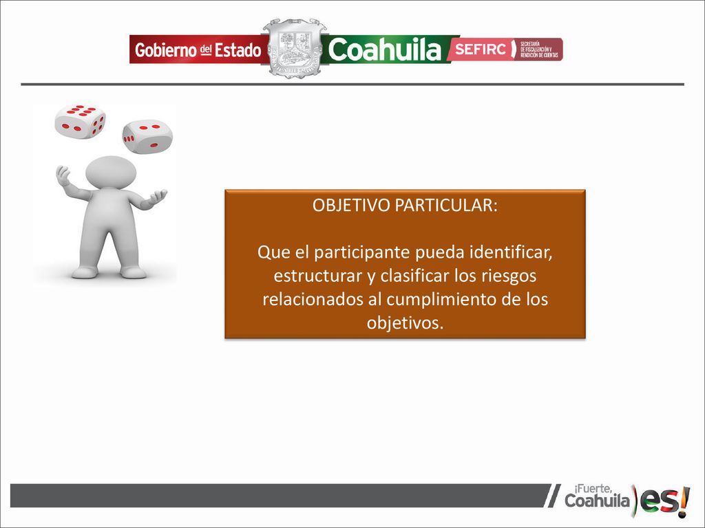 OBJETIVO PARTICULAR: Que el participante pueda identificar, estructurar y clasificar los riesgos relacionados al cumplimiento de los objetivos.