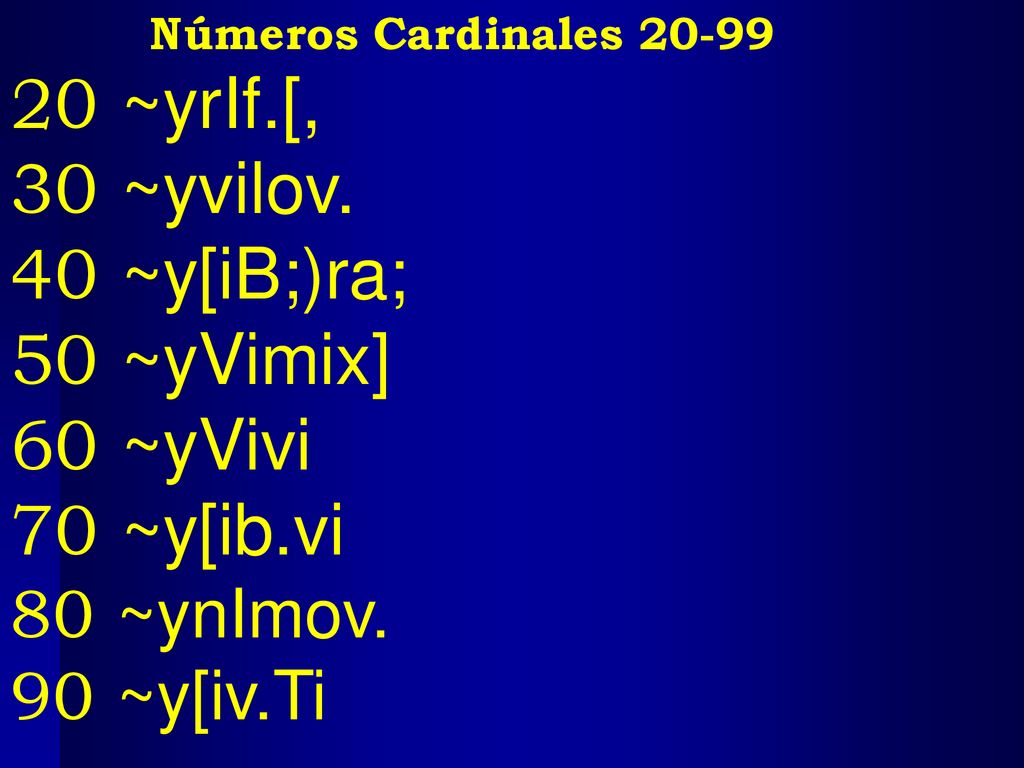 20 ~yrIf.[, 30 ~yvilov. 40 ~y[iB;)ra; 50 ~yVimix] 60 ~yVivi