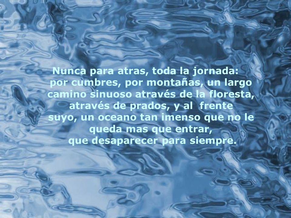 Nunca para atras, toda la jornada: por cumbres, por montañas, un largo camino sinuoso através de la floresta, através de prados, y al frente suyo, un oceano tan imenso que no le queda mas que entrar, que desaparecer para siempre.