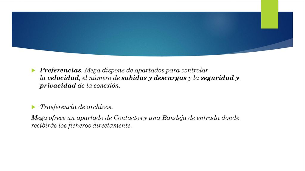 Preferencias, Mega dispone de apartados para controlar la velocidad, el número de subidas y descargas y la seguridad y privacidad de la conexión.