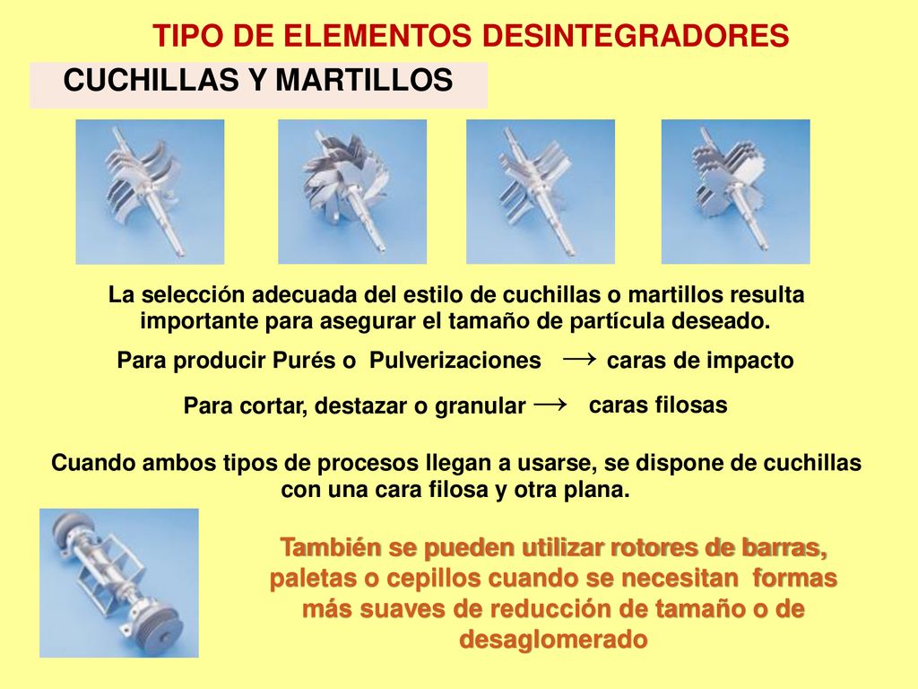 TIPO DE ELEMENTOS DESINTEGRADORES CUCHILLAS Y MARTILLOS