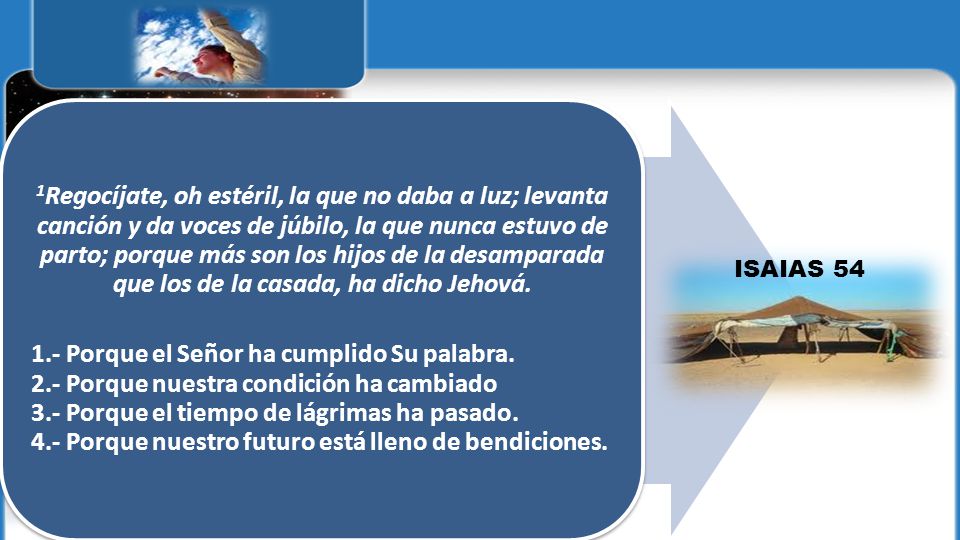 1Regocíjate, oh estéril, la que no daba a luz; levanta canción y da voces de júbilo, la que nunca estuvo de parto; porque más son los hijos de la desamparada que los de la casada, ha dicho Jehová.