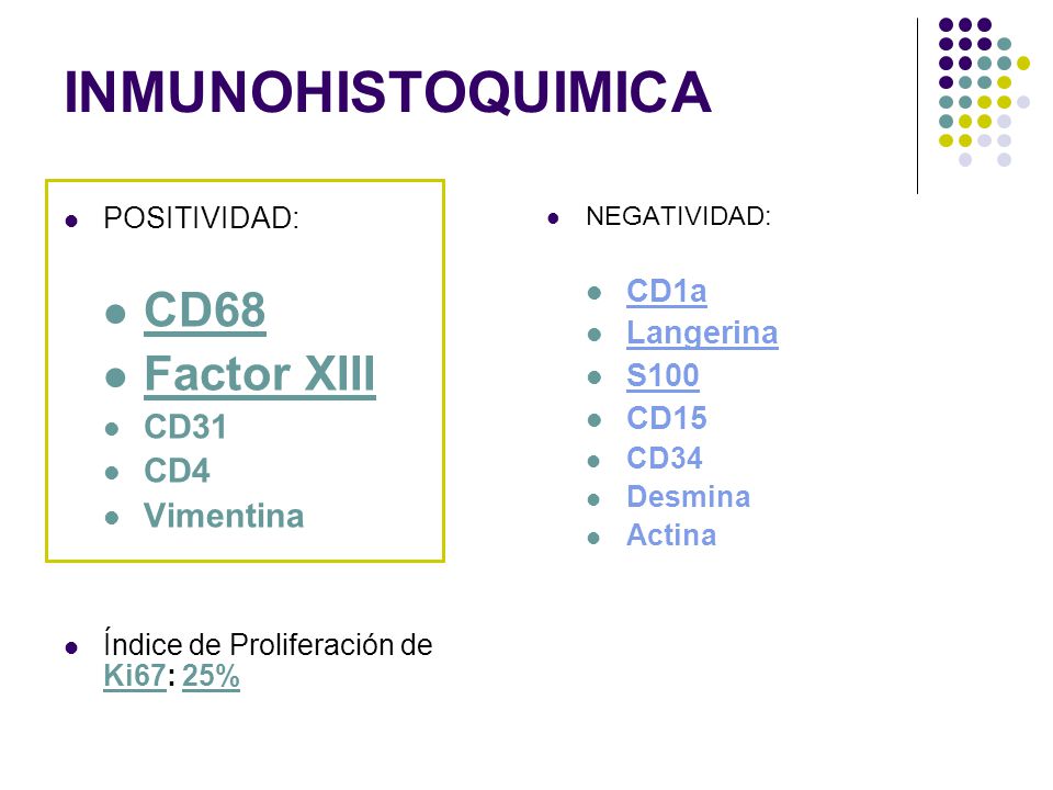 INMUNOHISTOQUIMICA CD68 Factor XIII CD31 CD4 Vimentina CD1a Langerina
