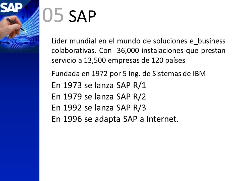 05 SAP En 1973 se lanza SAP R/1 En 1979 se lanza SAP R/2