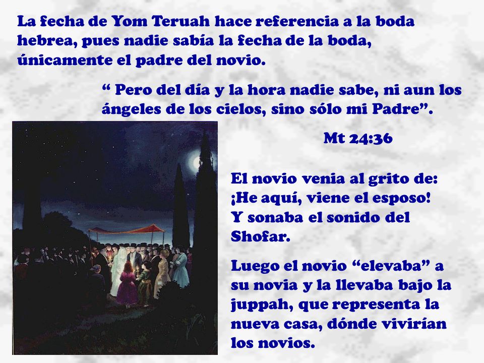 La fecha de Yom Teruah hace referencia a la boda hebrea, pues nadie sabía la fecha de la boda, únicamente el padre del novio.