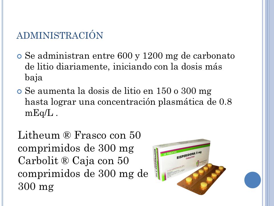 administración Litheum ® Frasco con 50 comprimidos de 300 mg