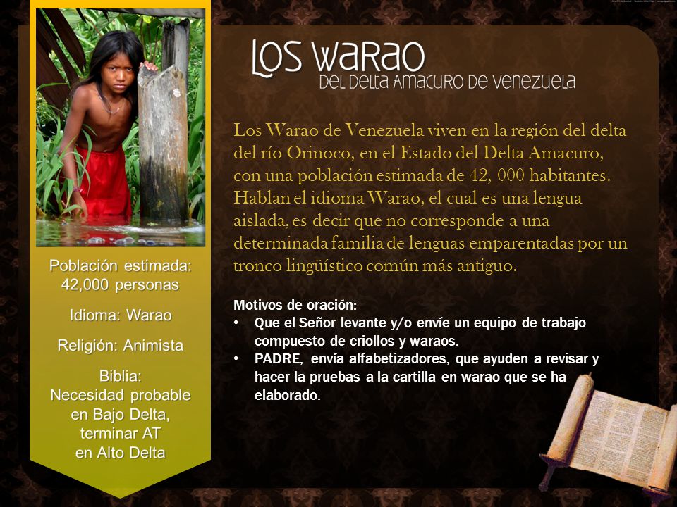Los Warao de Venezuela viven en la región del delta del río Orinoco, en el Estado del Delta Amacuro, con una población estimada de 42, 000 habitantes. Hablan el idioma Warao, el cual es una lengua aislada, es decir que no corresponde a una determinada familia de lenguas emparentadas por un tronco lingüístico común más antiguo.