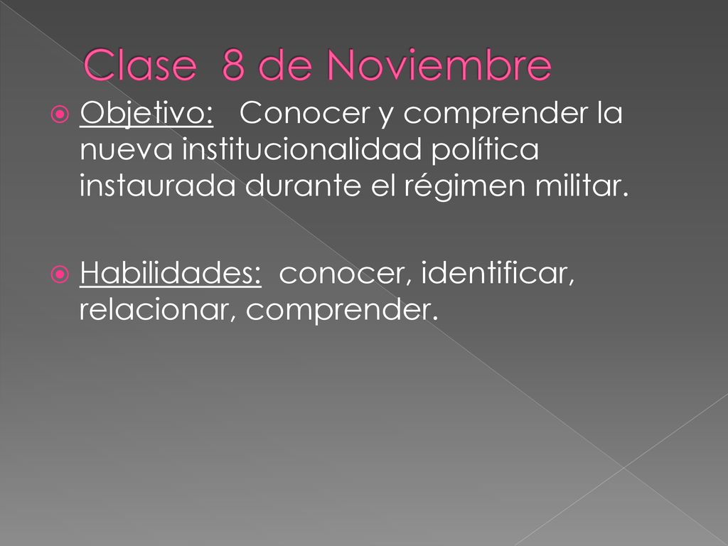 Clase 8 de Noviembre Objetivo: Conocer y comprender la nueva institucionalidad política instaurada durante el régimen militar.