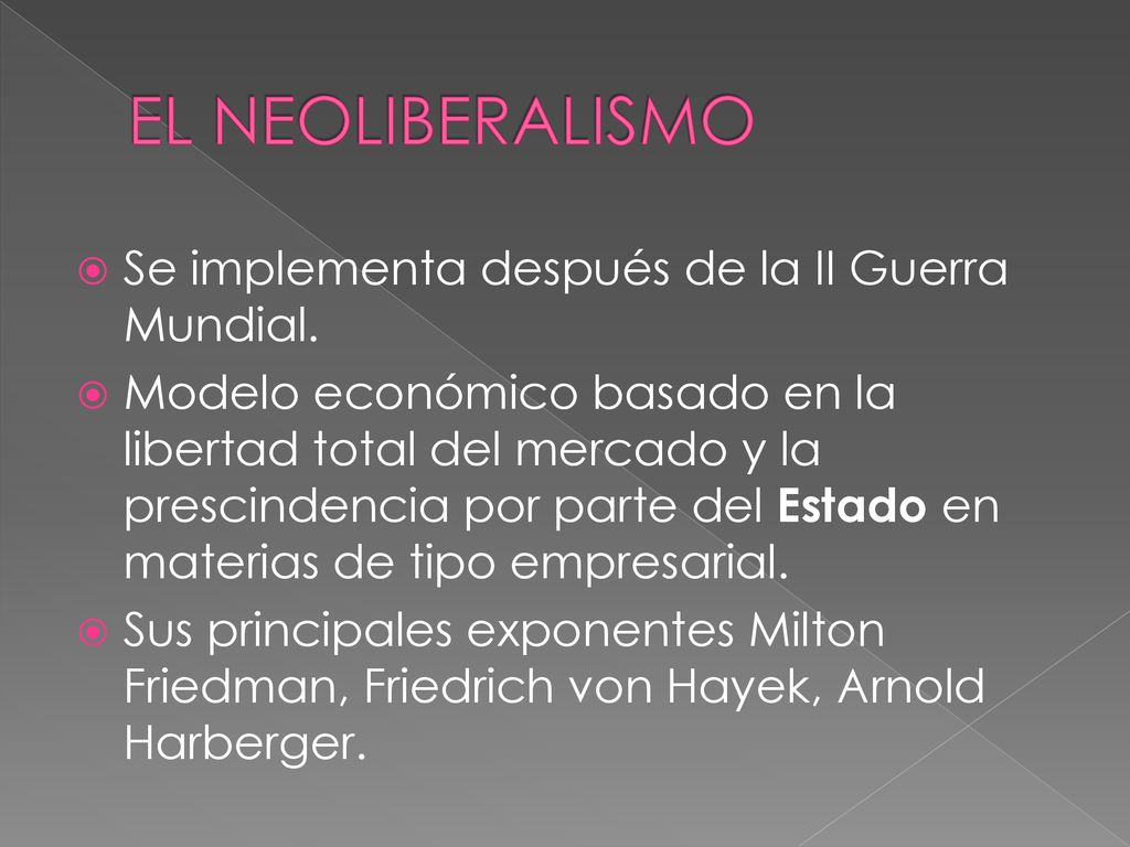 EL NEOLIBERALISMO Se implementa después de la II Guerra Mundial.