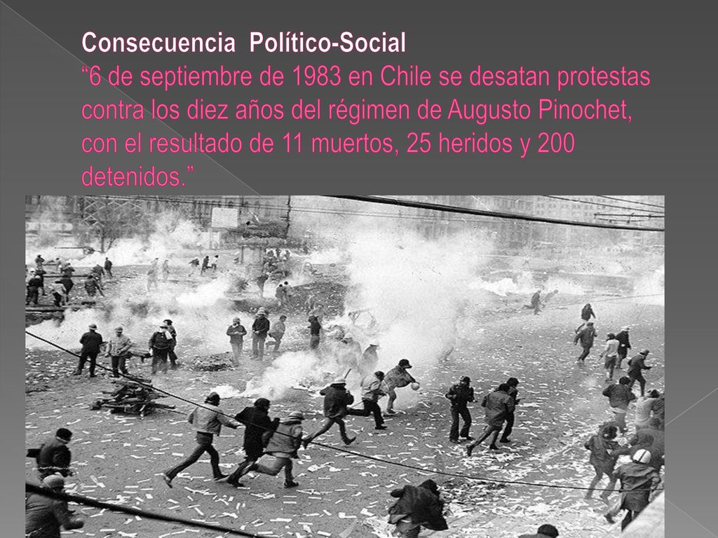Consecuencia Político-Social 6 de septiembre de 1983 en Chile se desatan protestas contra los diez años del régimen de Augusto Pinochet, con el resultado de 11 muertos, 25 heridos y 200 detenidos.