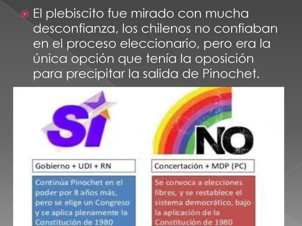 El plebiscito fue mirado con mucha desconfianza, los chilenos no confiaban en el proceso eleccionario, pero era la única opción que tenía la oposición para precipitar la salida de Pinochet.