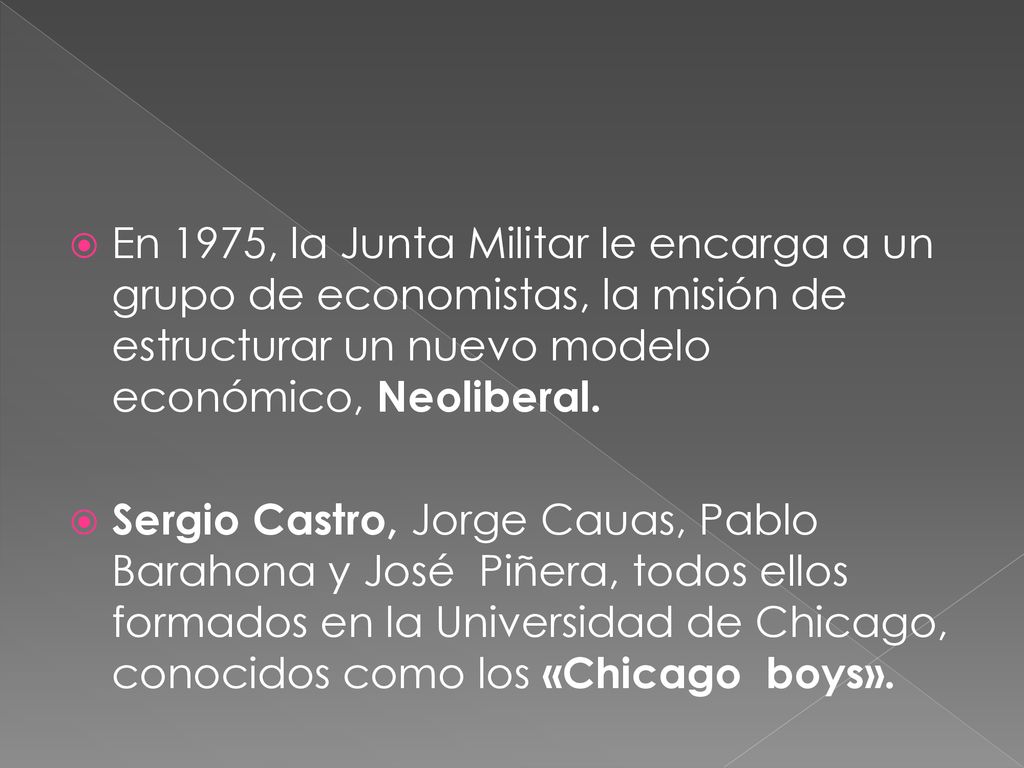 En 1975, la Junta Militar le encarga a un grupo de economistas, la misión de estructurar un nuevo modelo económico, Neoliberal.