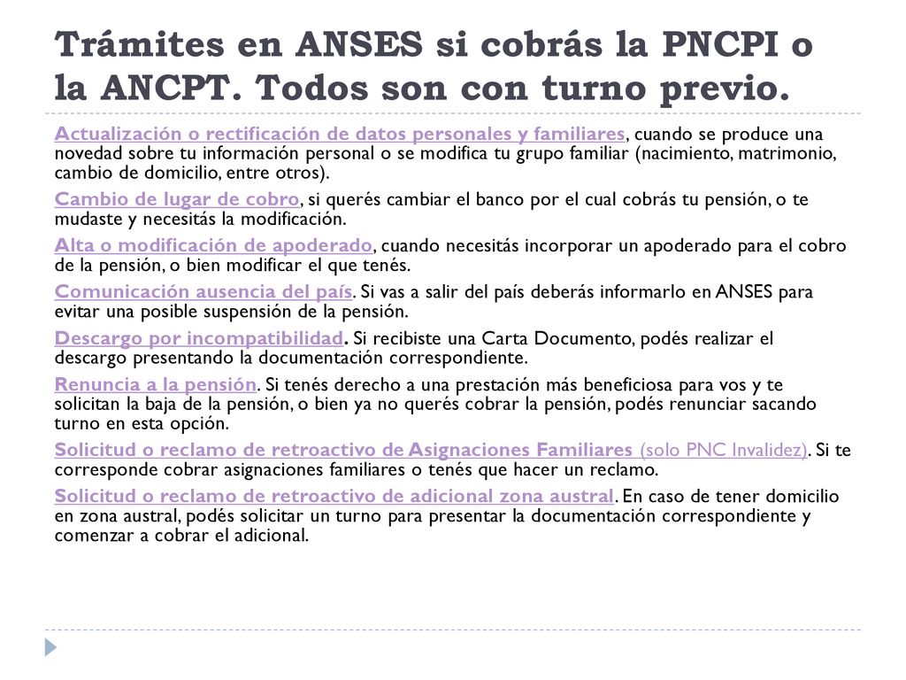 Trámites en ANSES si cobrás la PNCPI o la ANCPT