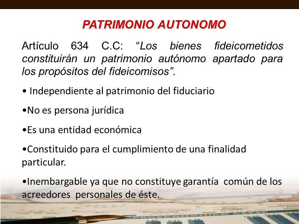 PATRIMONIO AUTONOMO Artículo 634 C.C: Los bienes fideicometidos constituirán un patrimonio autónomo apartado para los propósitos del fideicomisos .