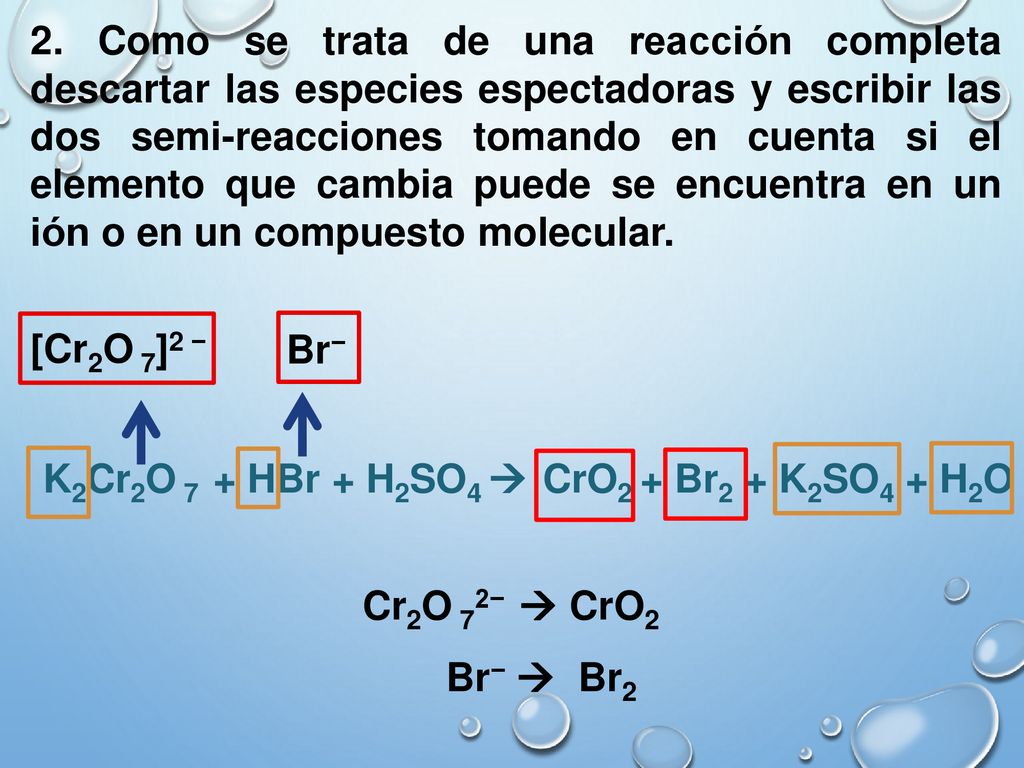 K2Cr2O 7 + HBr + H2SO4  CrO2 + Br2 + K2SO4 + H2O