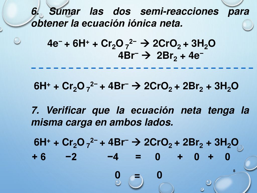 6. Sumar las dos semi-reacciones para obtener la ecuación iónica neta.