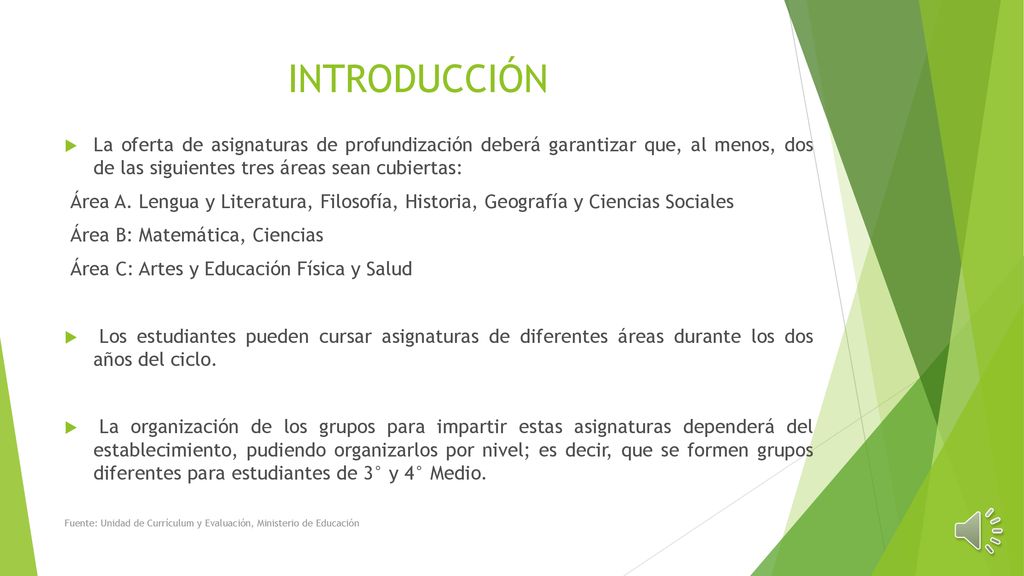 INTRODUCCIÓN La oferta de asignaturas de profundización deberá garantizar que, al menos, dos de las siguientes tres áreas sean cubiertas: