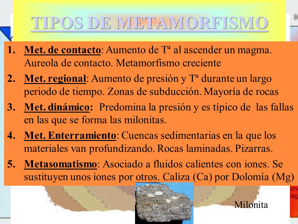 TIPOS DE METAMORFISMO Met. de contacto: Aumento de Tª al ascender un magma. Aureola de contacto. Metamorfismo creciente.