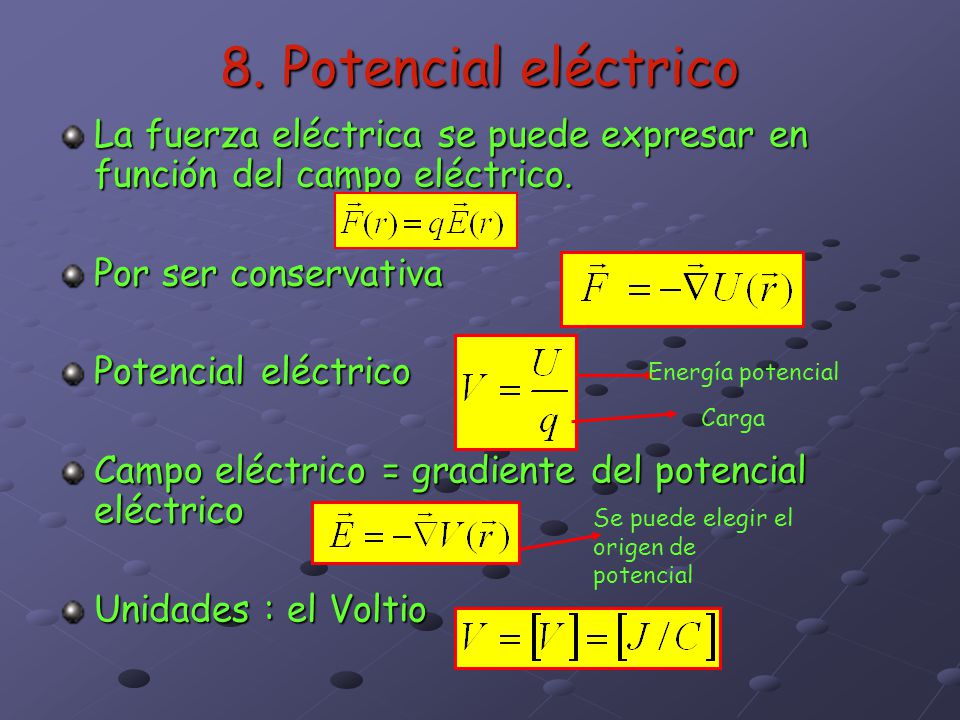 8. Potencial eléctrico La fuerza eléctrica se puede expresar en función del campo eléctrico. Por ser conservativa.