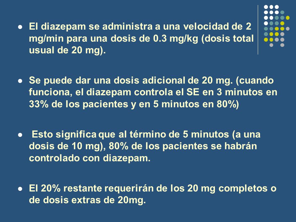 El diazepam se administra a una velocidad de 2 mg/min para una dosis de 0.3 mg/kg (dosis total usual de 20 mg).