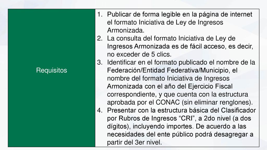 Requisitos Publicar de forma legible en la página de internet el formato Iniciativa de Ley de Ingresos Armonizada.