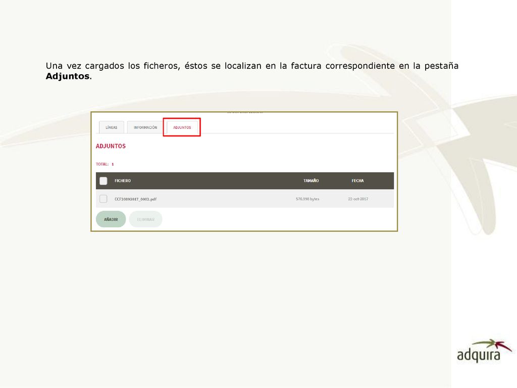 Una vez cargados los ficheros, éstos se localizan en la factura correspondiente en la pestaña Adjuntos.