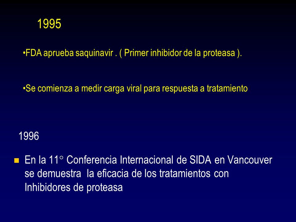 1995 FDA aprueba saquinavir . ( Primer inhibidor de la proteasa ). Se comienza a medir carga viral para respuesta a tratamiento.