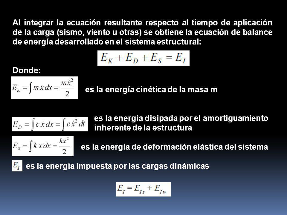 Al integrar la ecuación resultante respecto al tiempo de aplicación de la carga (sismo, viento u otras) se obtiene la ecuación de balance de energía desarrollado en el sistema estructural: