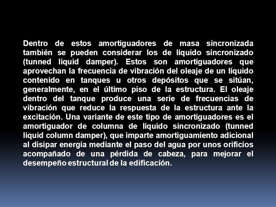 Dentro de estos amortiguadores de masa sincronizada también se pueden considerar los de líquido sincronizado (tunned liquid damper).