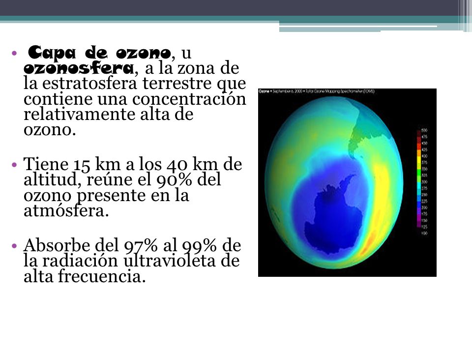 Capa de ozono, u ozonosfera, a la zona de la estratosfera terrestre que contiene una concentración relativamente alta de ozono.