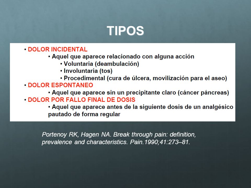 TIPOS Portenoy RK, Hagen NA. Break through pain: definition, prevalence and characteristics.