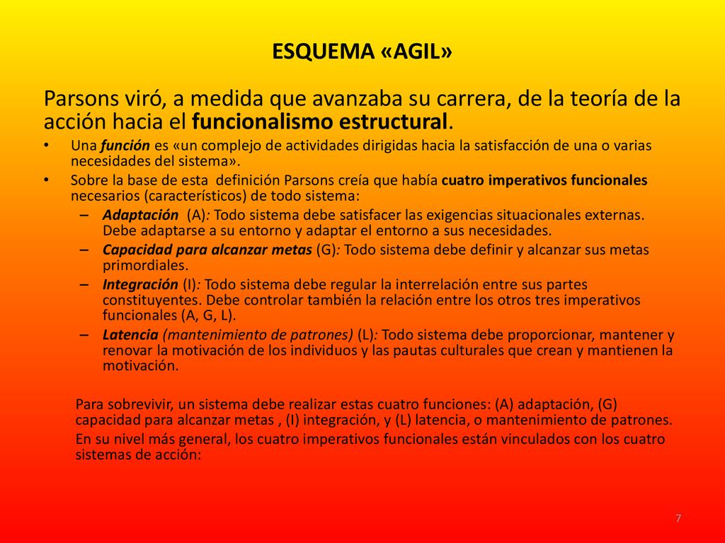 ESQUEMA «AGIL» Parsons viró, a medida que avanzaba su carrera, de la teoría de la acción hacia el funcionalismo estructural.
