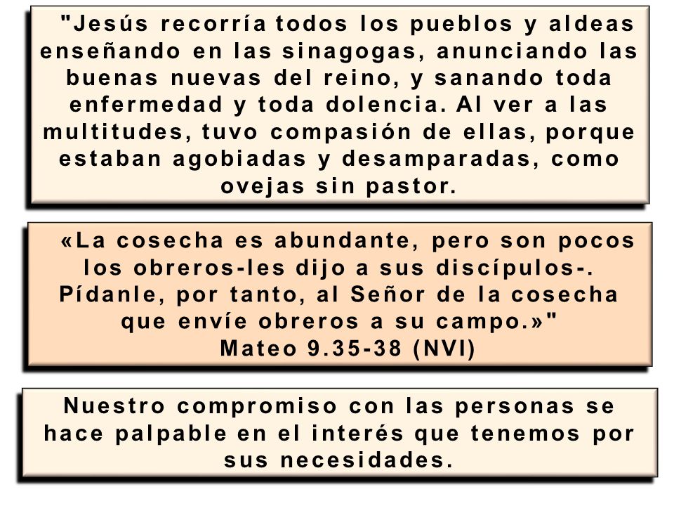 Jesús recorría todos los pueblos y aldeas enseñando en las sinagogas, anunciando las buenas nuevas del reino, y sanando toda enfermedad y toda dolencia. Al ver a las multitudes, tuvo compasión de ellas, porque estaban agobiadas y desamparadas, como ovejas sin pastor.