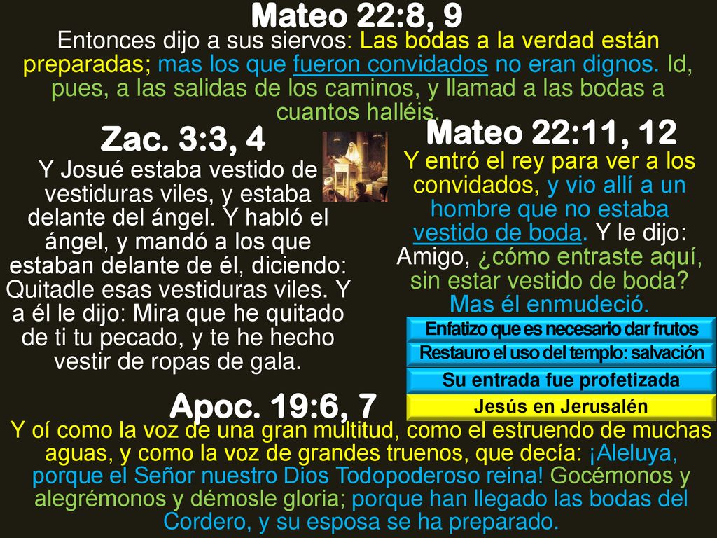 Mateo 22:8, 9 Mateo 22:11, 12 Zac. 3:3, 4 Apoc. 19:6, 7