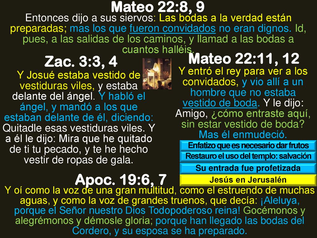 Mateo 22:8, 9 Mateo 22:11, 12 Zac. 3:3, 4 Apoc. 19:6, 7