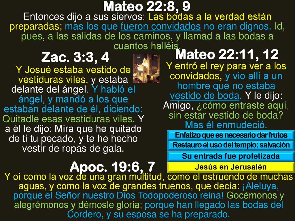 Mateo 22:8, 9 Mateo 22:11, 12 Zac. 3:3, 4 Apoc. 19:6, 7
