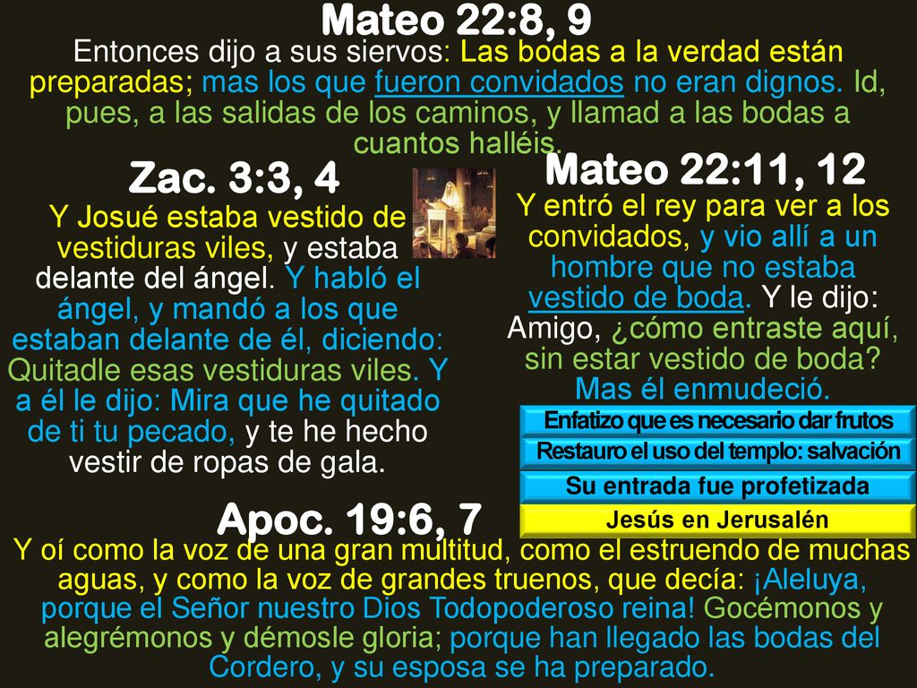 Mateo 22:8, 9 Mateo 22:11, 12 Zac. 3:3, 4 Apoc. 19:6, 7