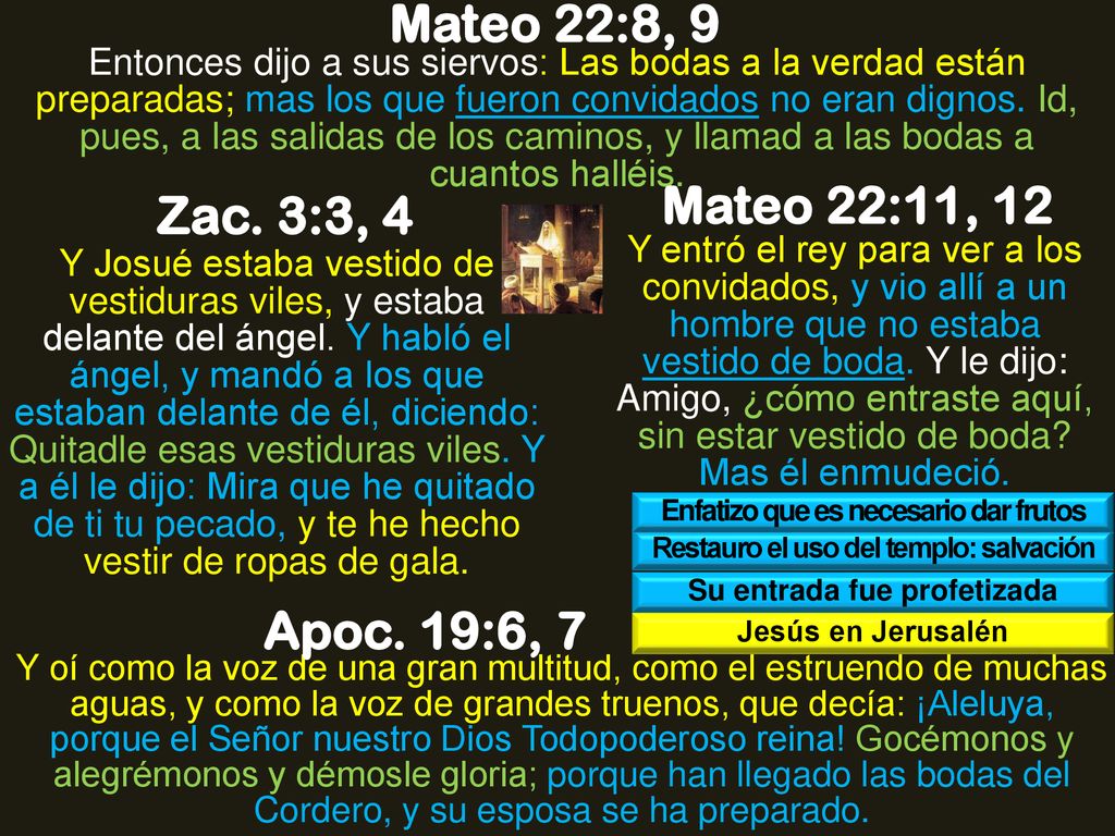 Mateo 22:8, 9 Mateo 22:11, 12 Zac. 3:3, 4 Apoc. 19:6, 7