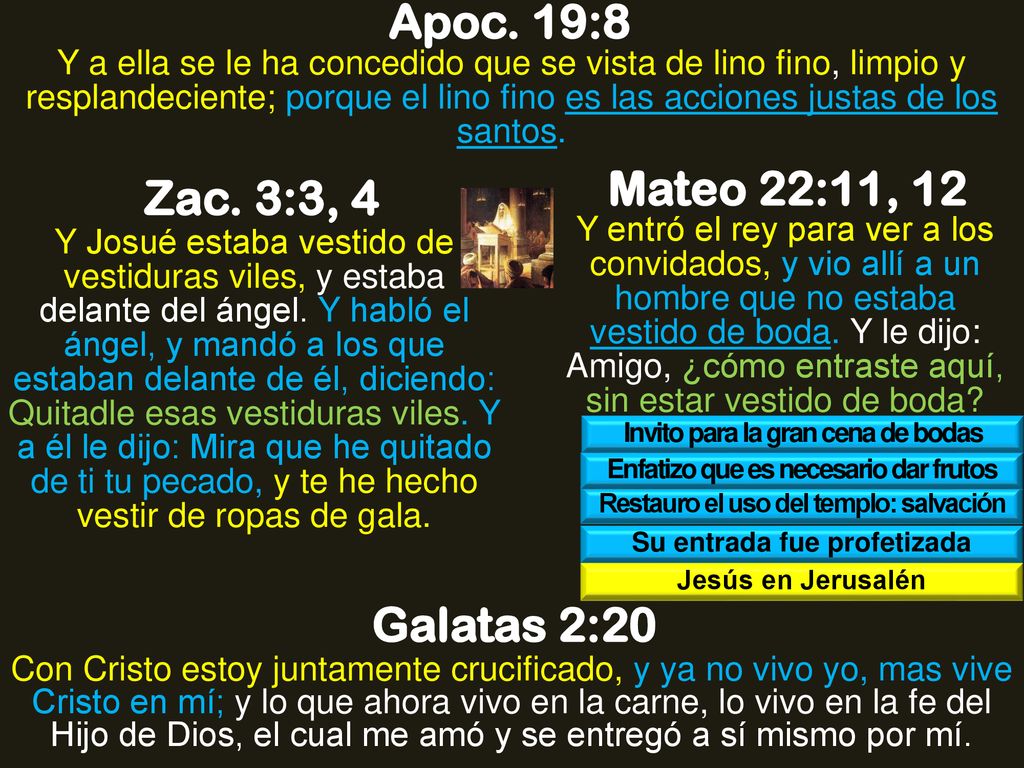 Apoc. 19:8 Mateo 22:11, 12 Zac. 3:3, 4 Galatas 2:20