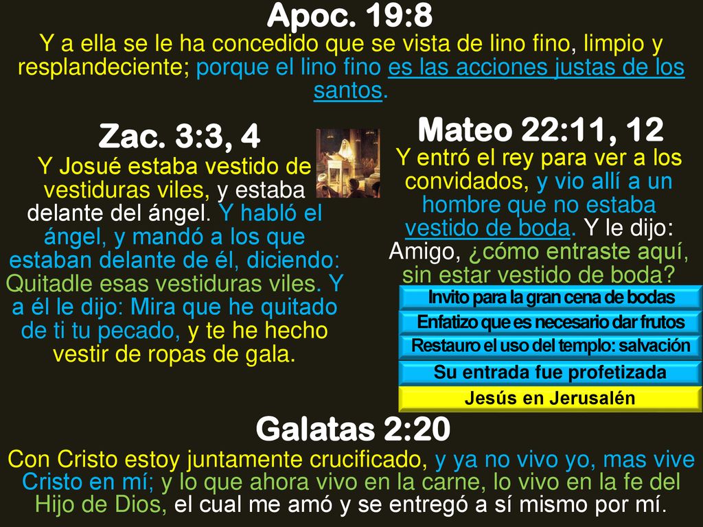 Apoc. 19:8 Mateo 22:11, 12 Zac. 3:3, 4 Galatas 2:20