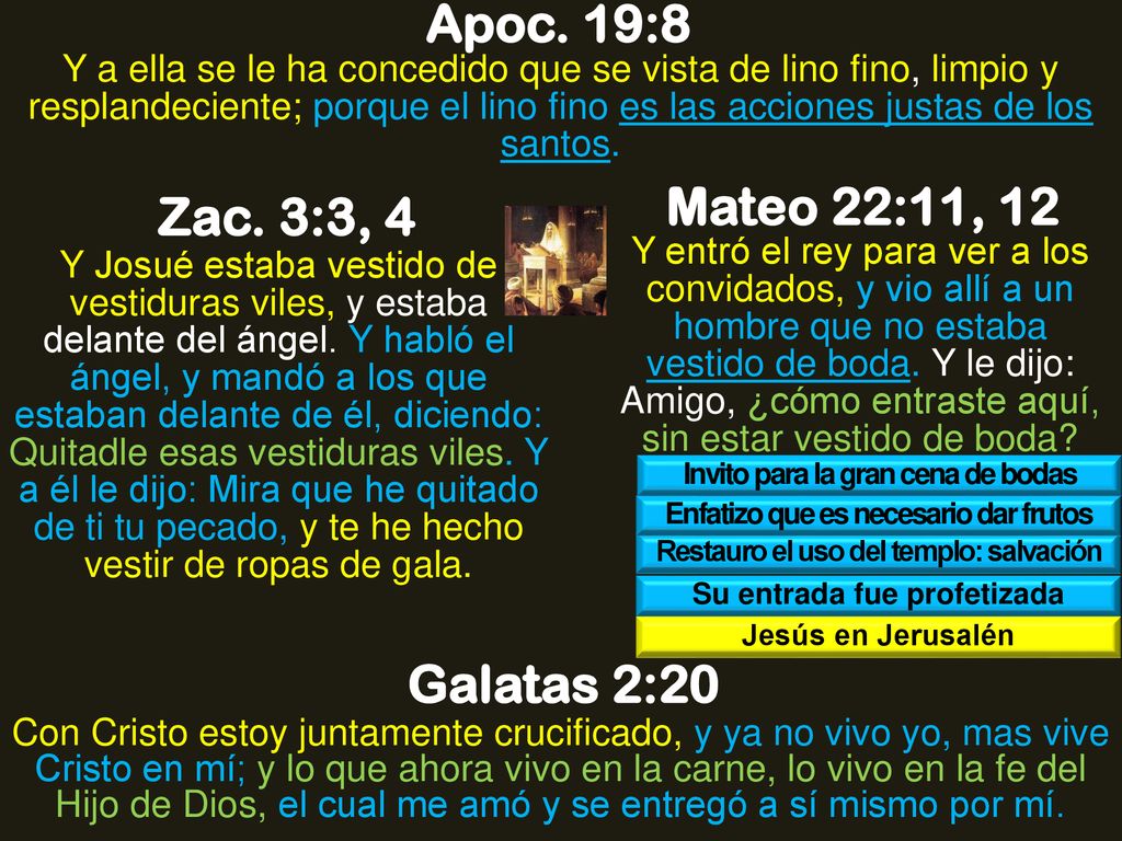 Apoc. 19:8 Mateo 22:11, 12 Zac. 3:3, 4 Galatas 2:20