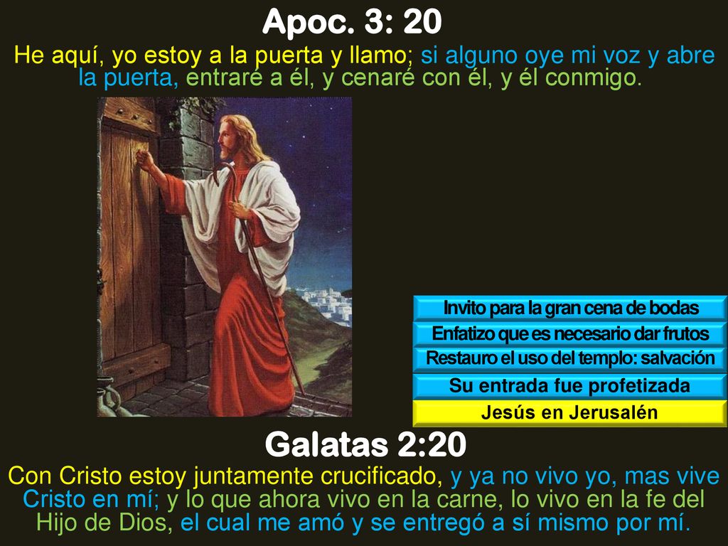 Apoc. 3: 20 He aquí, yo estoy a la puerta y llamo; si alguno oye mi voz y abre la puerta, entraré a él, y cenaré con él, y él conmigo.