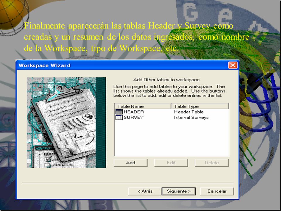 Finalmente aparecerán las tablas Header y Survey como creadas y un resumen de los datos ingresados, como nombre de la Workspace, tipo de Workspace, etc.