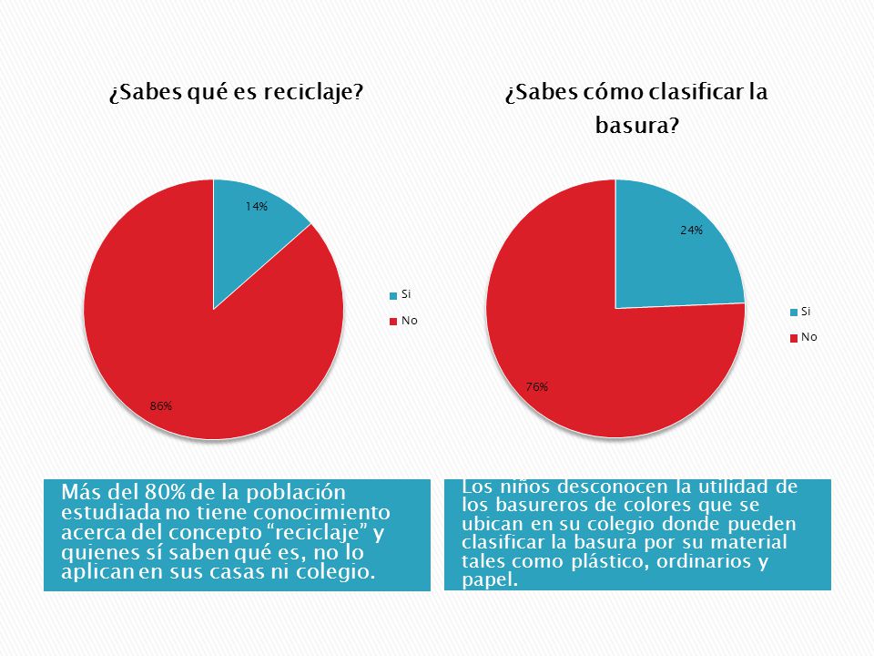 Más del 80% de la población estudiada no tiene conocimiento acerca del concepto reciclaje y quienes sí saben qué es, no lo aplican en sus casas ni colegio.