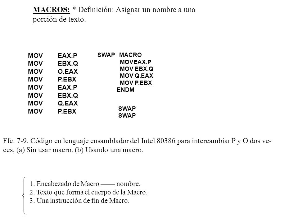 MACROS: * Definición: Asignar un nombre a una porción de texto.