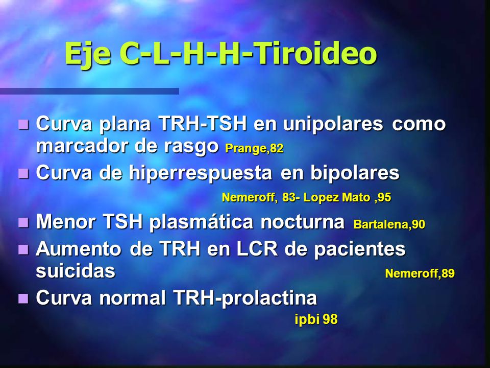 Eje C-L-H-H-Tiroideo Curva plana TRH-TSH en unipolares como marcador de rasgo Prange,82.