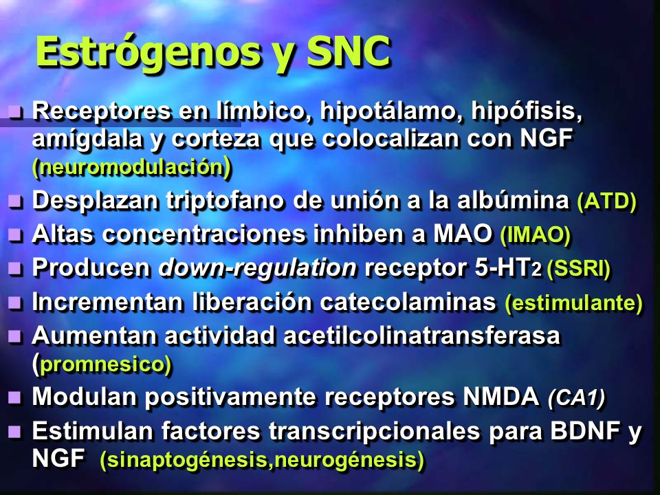 Estrógenos y SNC Receptores en límbico, hipotálamo, hipófisis, amígdala y corteza que colocalizan con NGF (neuromodulación)